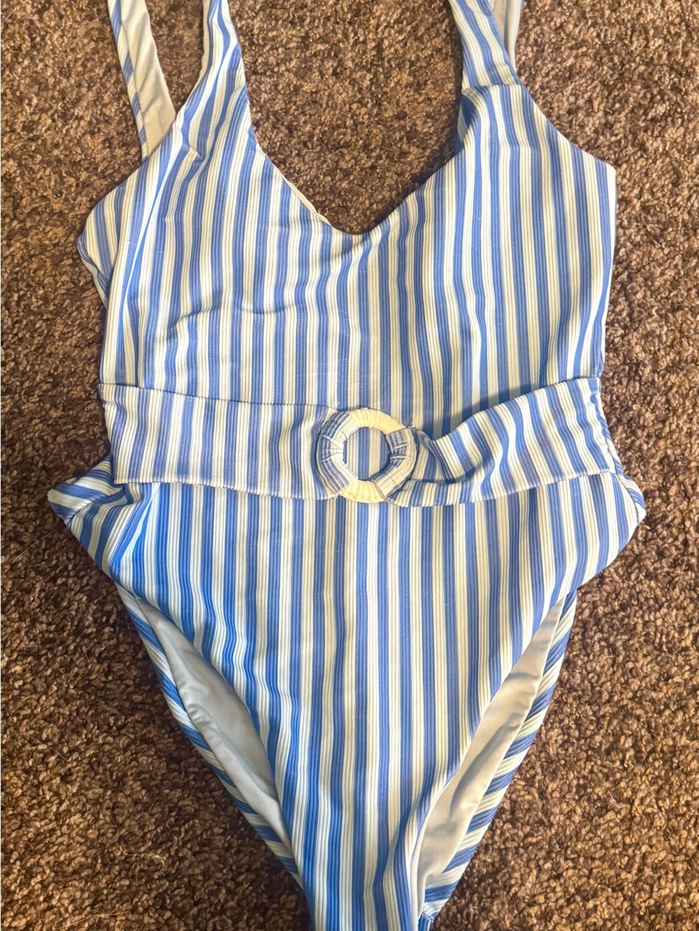 Never worn!! Blue & White Striped One-Piece Swimsuit with Waist Ring